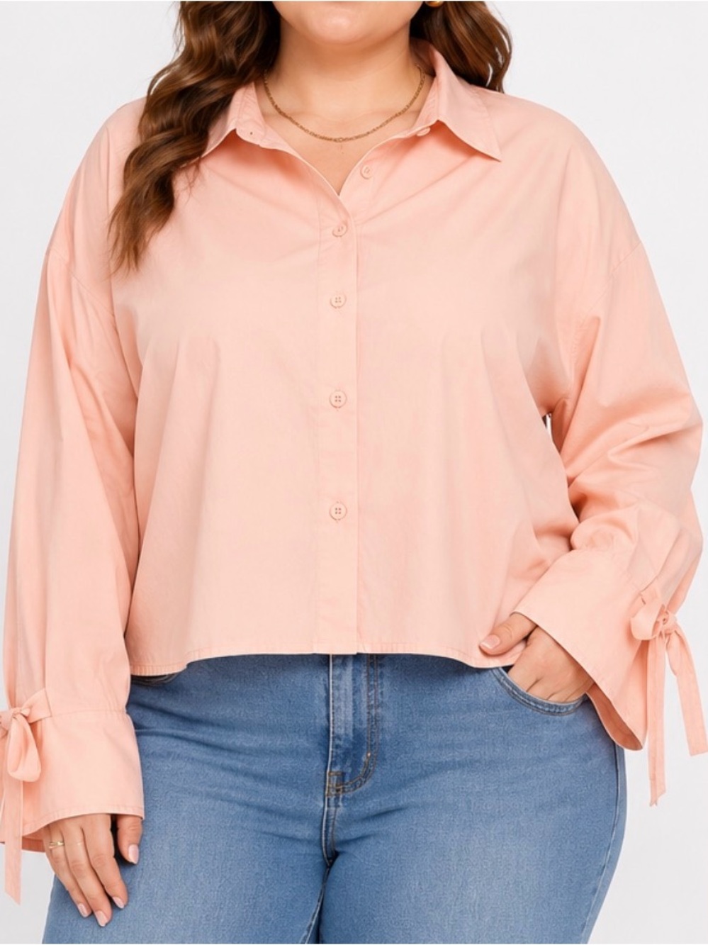 Cider Blush Button-Front Tie-Sleeve Collared Top 4XL